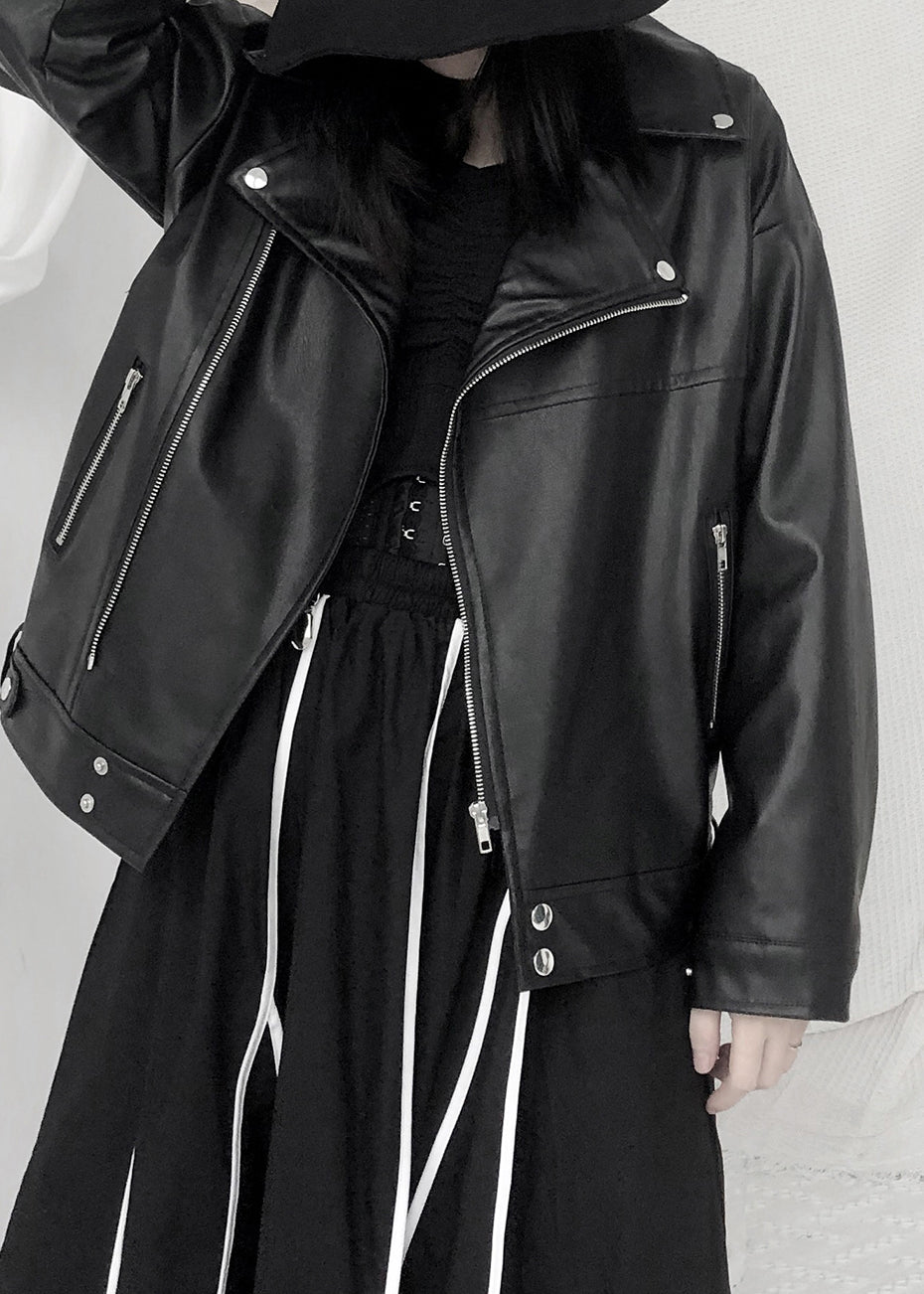WW | Schwarze asymmetrische Patchwork Jacken mit Reißverschlusstaschen aus Kunstleder Langarm