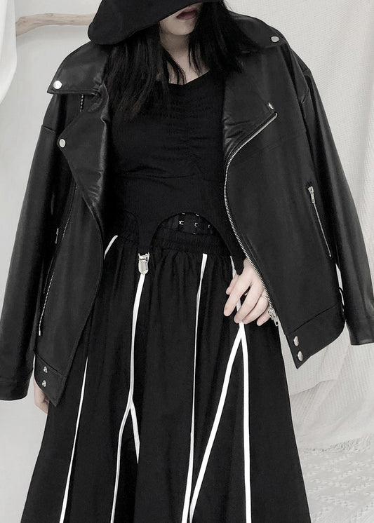 WW | Schwarze asymmetrische Patchwork Jacken mit Reißverschlusstaschen aus Kunstleder Langarm