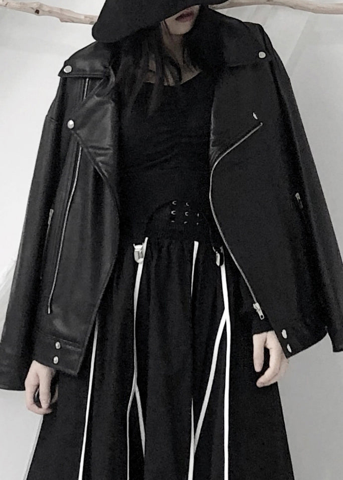 WW | Schwarze asymmetrische Patchwork Jacken mit Reißverschlusstaschen aus Kunstleder Langarm