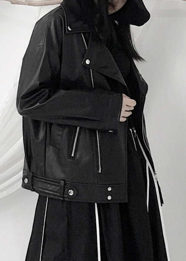 WW | Schwarze asymmetrische Patchwork Jacken mit Reißverschlusstaschen aus Kunstleder Langarm