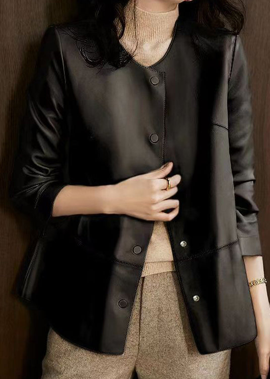 WW | Black Crew Neck Button Patchwork Shearling Coat Skirt