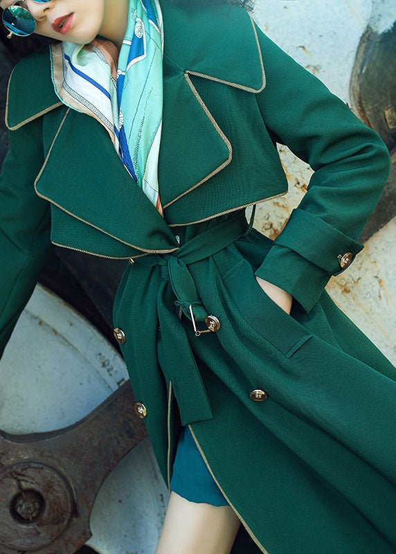 WW | Black-Green Notched Patchwork Long Ribbons Trench Coats Long Sleeves