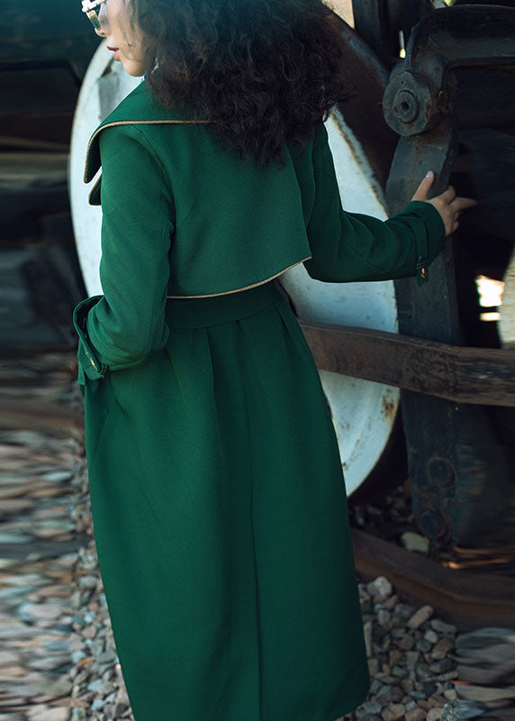 WW | Black-Green Notched Patchwork Long Ribbons Trench Coats Long Sleeves