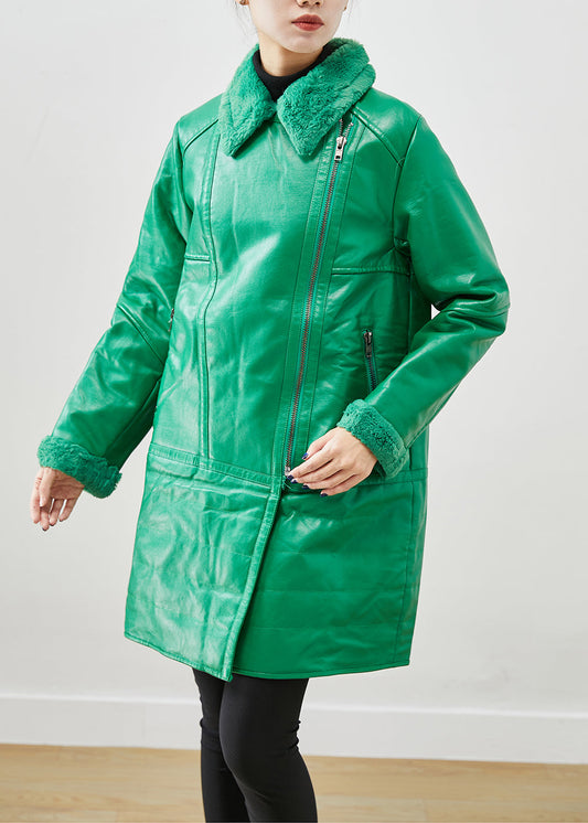 WW | Grüne Zip-Up Patchwork Entenfedern Kunstledermäntel Winter