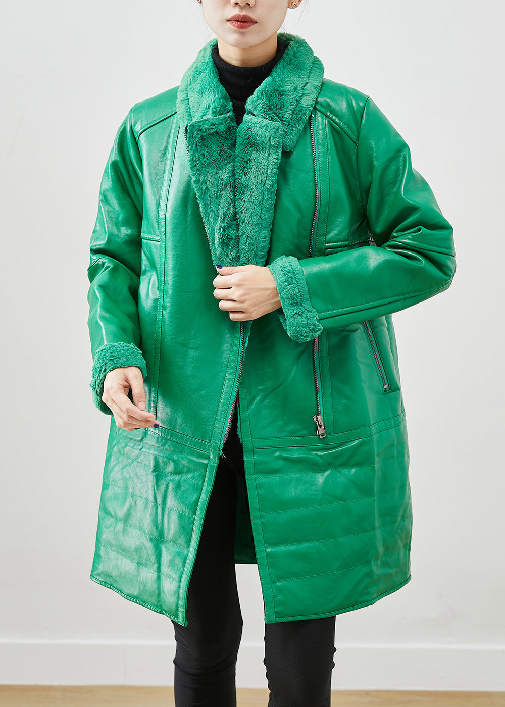 WW | Grüne Zip-Up Patchwork Entenfedern Kunstledermäntel Winter