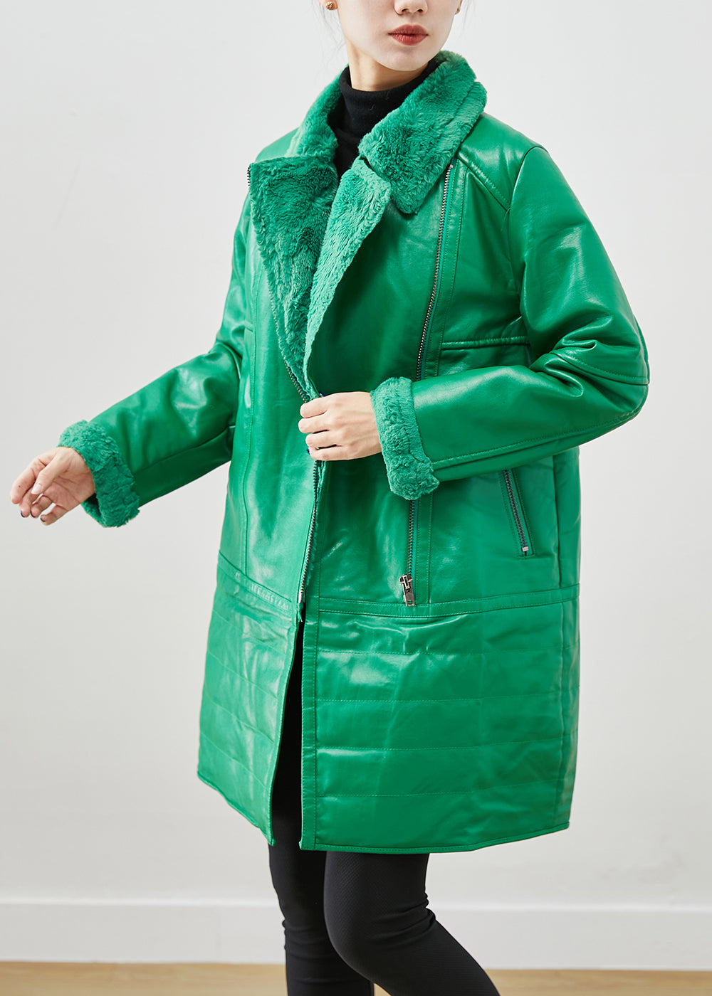 WW | Grüne Zip-Up Patchwork Entenfedern Kunstledermäntel Winter