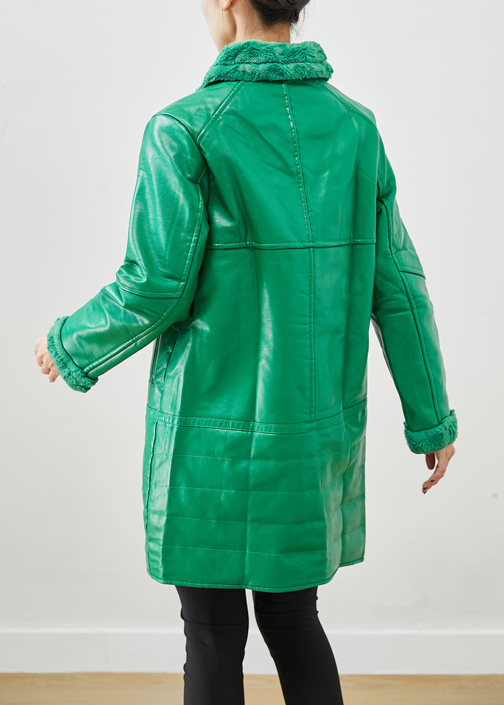 WW | Grüne Zip-Up Patchwork Entenfedern Kunstledermäntel Winter