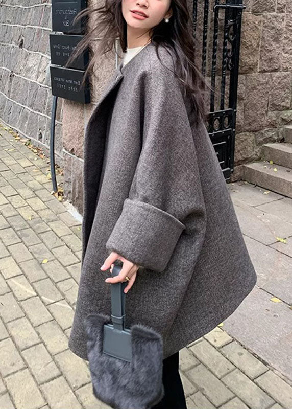 WW | Gray O-Neck Button Wool Mid-Length Coats