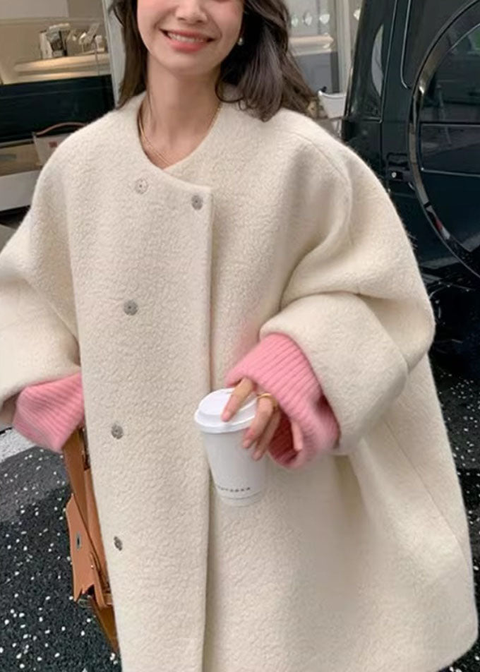 WW | Gray O-Neck Button Wool Mid-Length Coats