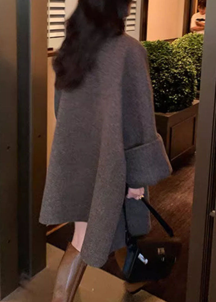 WW | Gray O-Neck Button Wool Mid-Length Coats