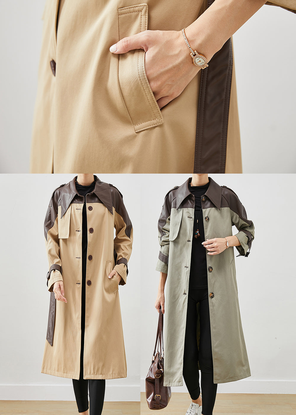 WW | Khaki Peter Pan Collar Patchwork Cotton Coats