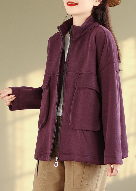 WW | Lila Zip-Up-Taschen Patchwork Warme Fleecejacken