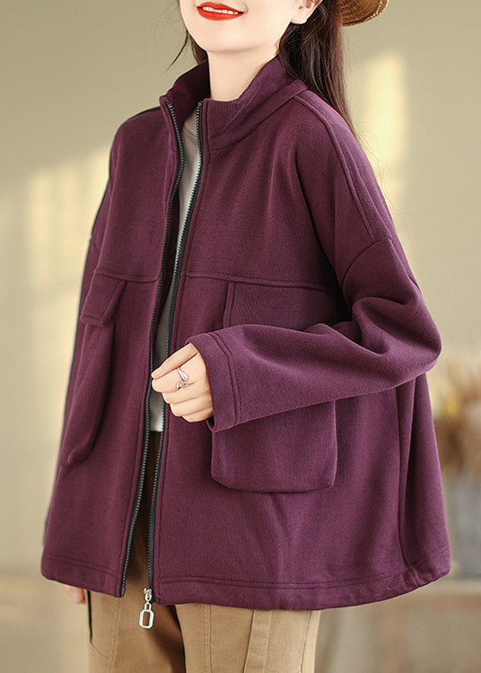 WW | Purple Zip-Up Pockets Patchwork Warm Fleece Jackets
