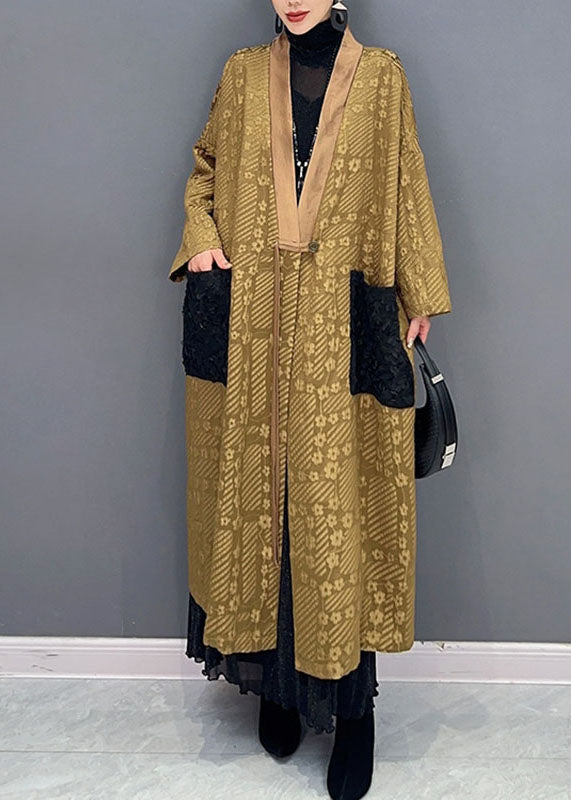 WW | Gelb V-Ausschnitt Print Taschen Lange Trenchcoats Lange Ärmel