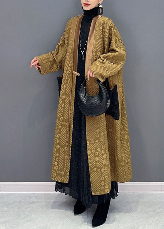 WW | Gelb V-Ausschnitt Print Taschen Lange Trenchcoats Lange Ärmel