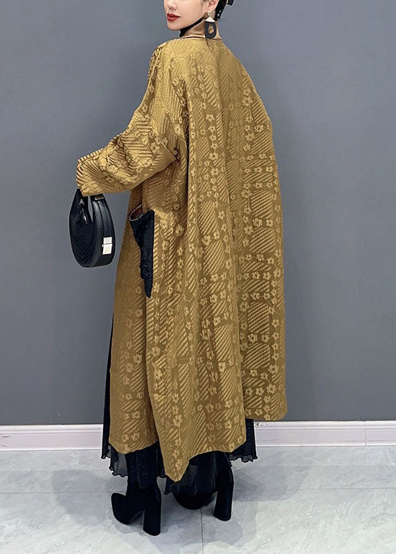 WW | Yellow V-Neck Print Pockets Long Trench Coats Long Sleeves