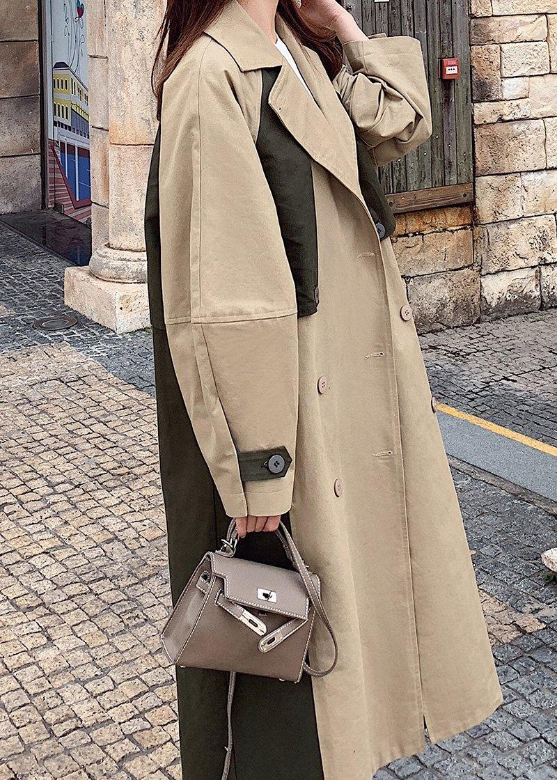 WW | Double-Breasted Fine Patchwork Long Coats Khaki Oversized Coats