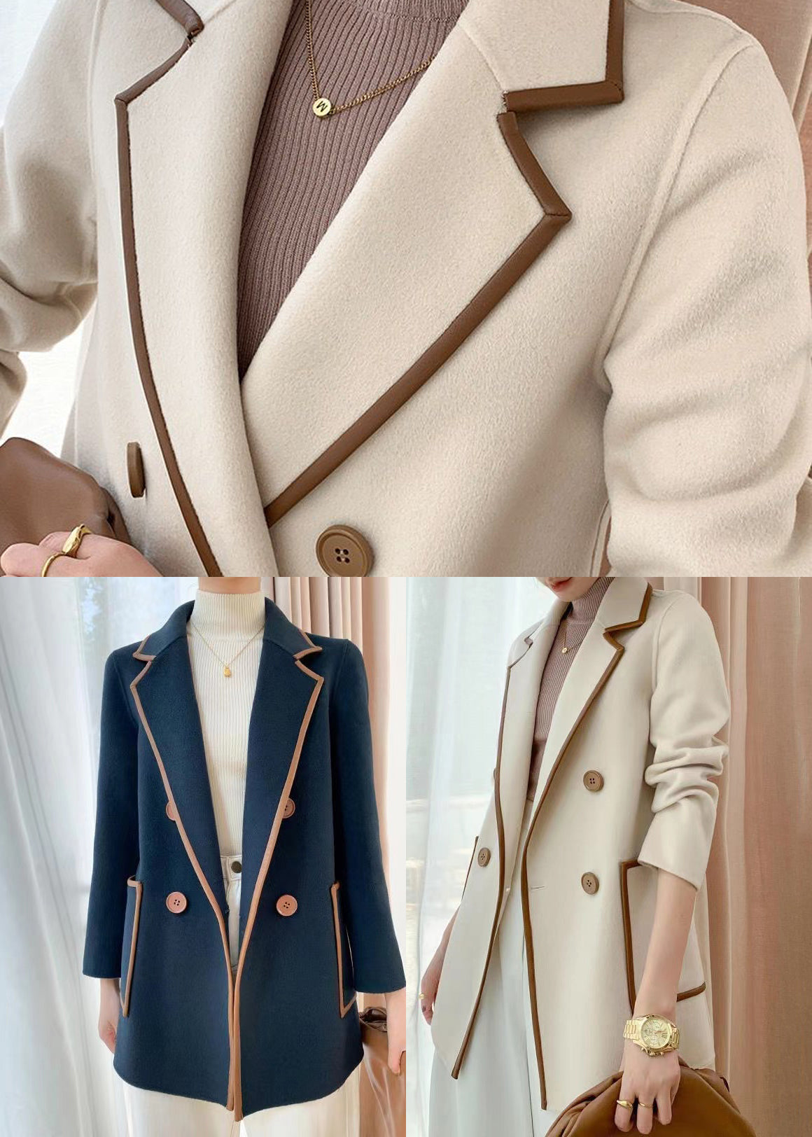 WW | Patchwork Wool Coats Peter Pan Collar Double-breasted