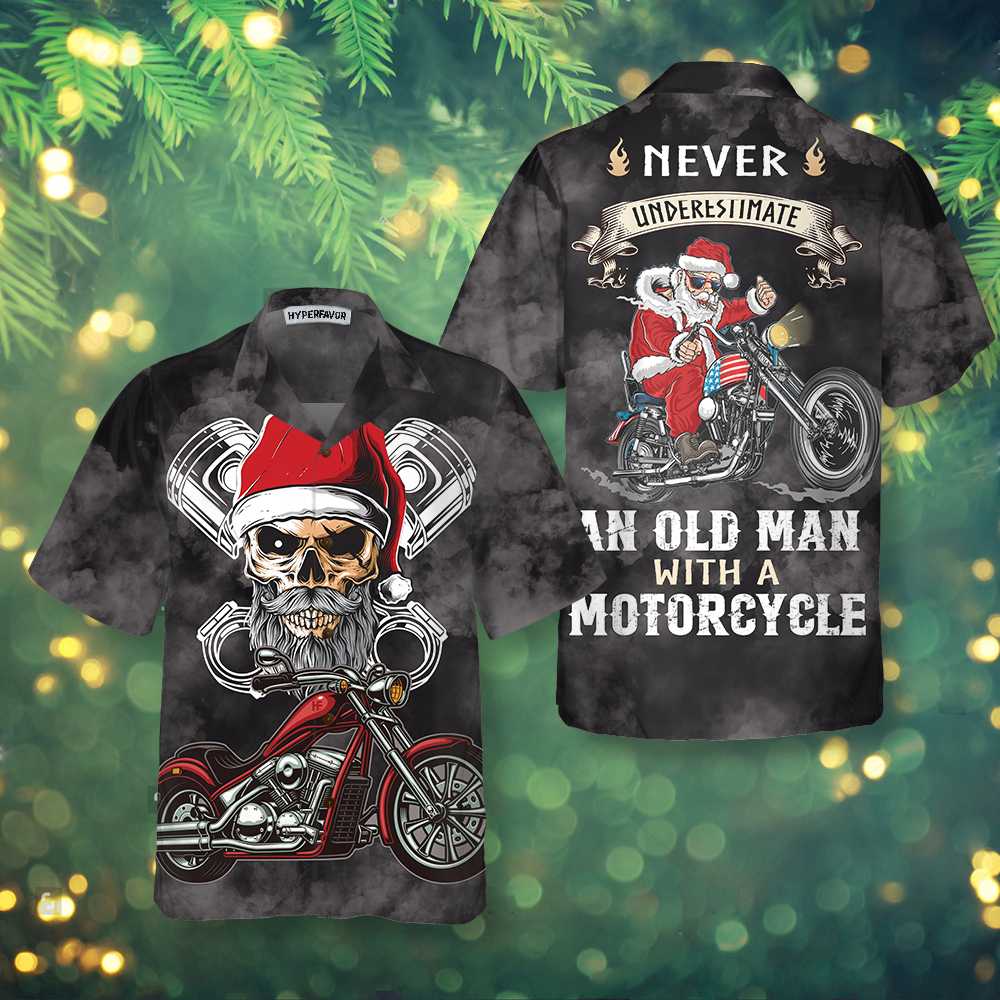 WW | Unterschätze niemals einen alten Mann mit einem Motorrad Weihnachts Hawaiian-Shirt, bestes Motorradgeschenk zu Weihnachten