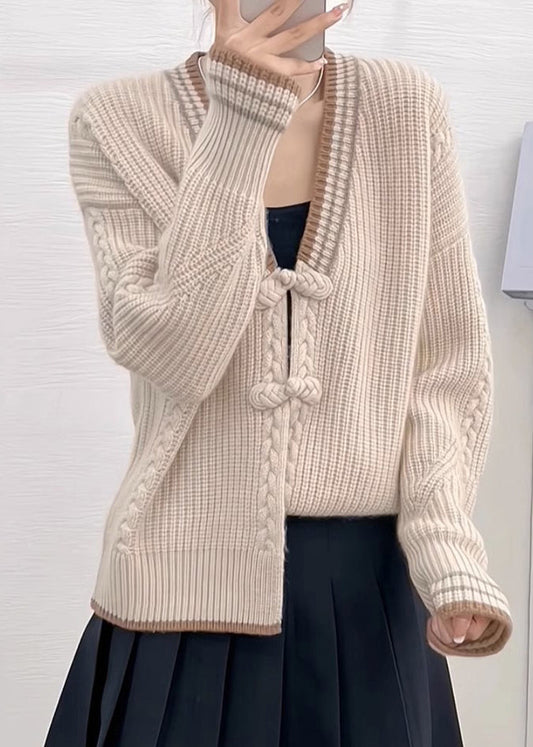 WW | Aprikosen V-Ausschnitt Knopf Patchwork Strickpullover Mäntel Langarm