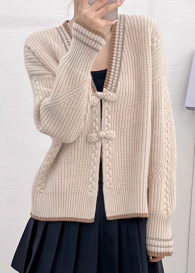 WW | Apricot V-Neck Button Patchwork Knitted Sweater Cardigan Long Sleeve