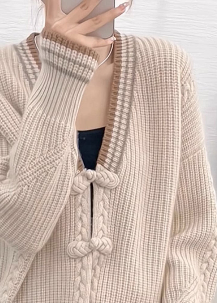 WW | Apricot V-Neck Button Patchwork Knitted Sweater Cardigan Long Sleeve