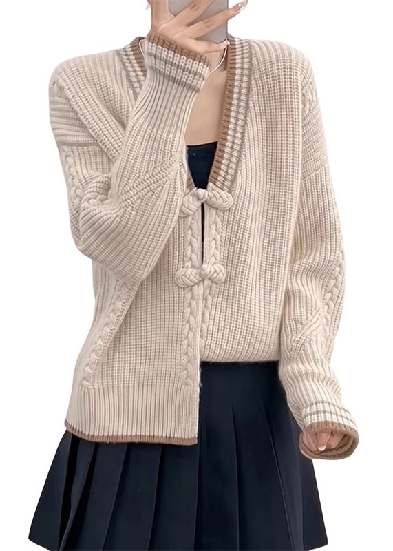 WW | Apricot V-Neck Button Patchwork Knitted Sweater Cardigan Long Sleeve