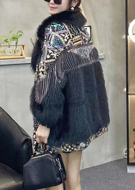 WW | Black Fur Collar Tassel Patchwork Fluffy Fur Coats Winter