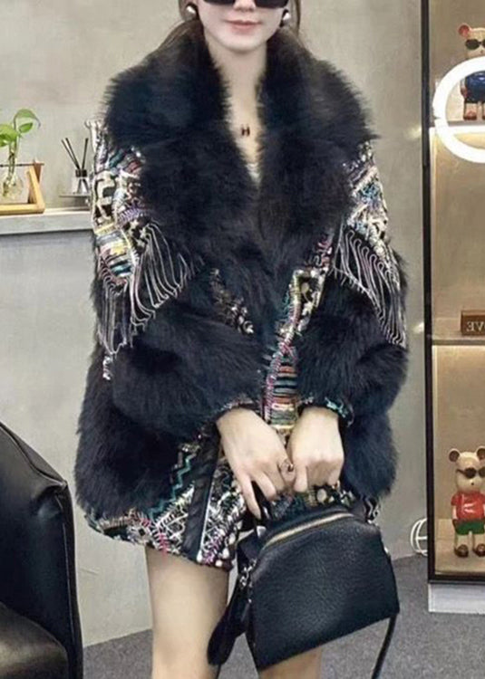 WW | Black Fur Collar Tassel Patchwork Fluffy Fur Coats Winter