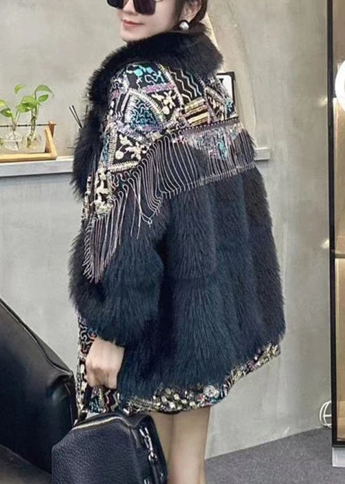 WW | Black Fur Collar Tassel Patchwork Fluffy Fur Coats Winter