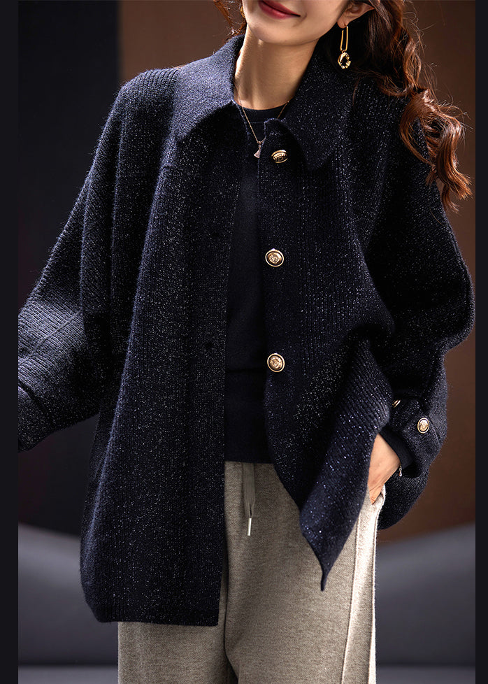 WW | Black Peter Pan Collar Button Pocket Knit Coats Long Sleeves