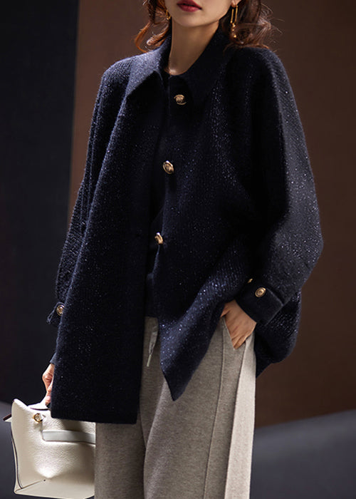 WW | Black Peter Pan Collar Button Pocket Knit Coats Long Sleeves