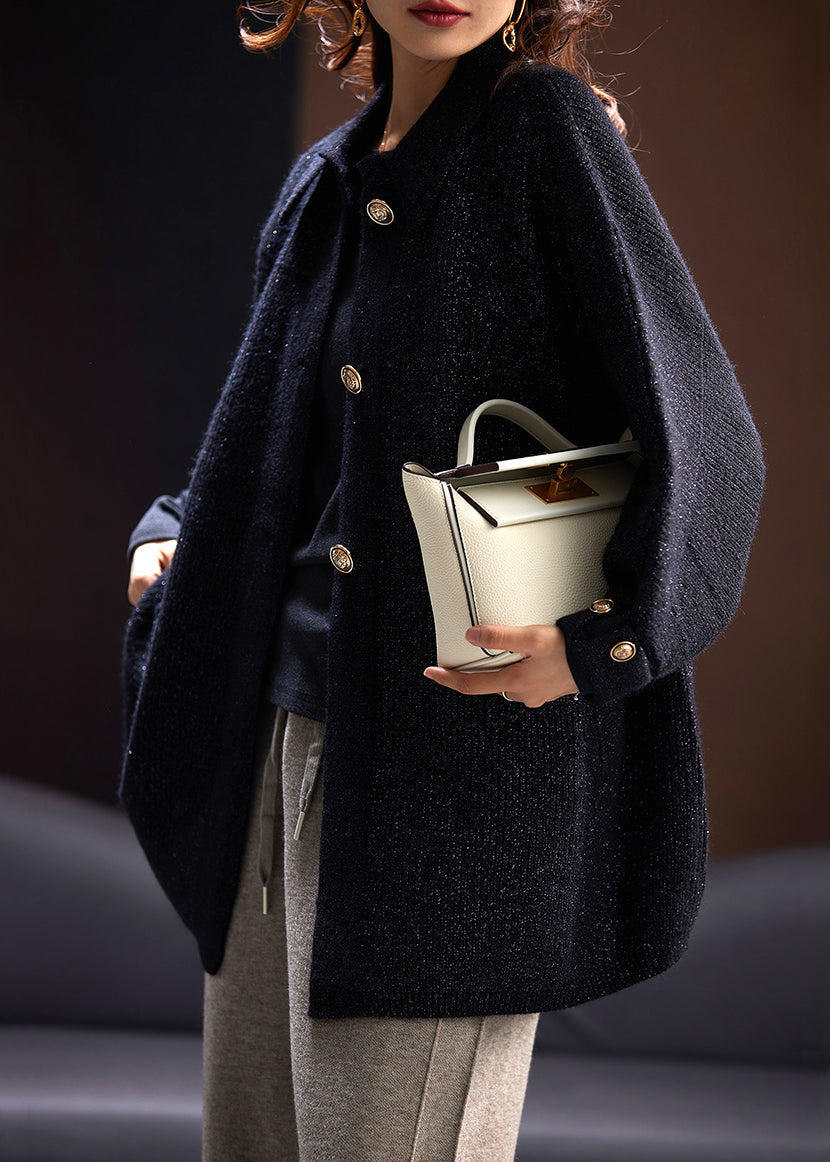 WW | Schwarze Peter-Pan-Kragen Knopf Taschen Strick Mäntel Lange Ärmel