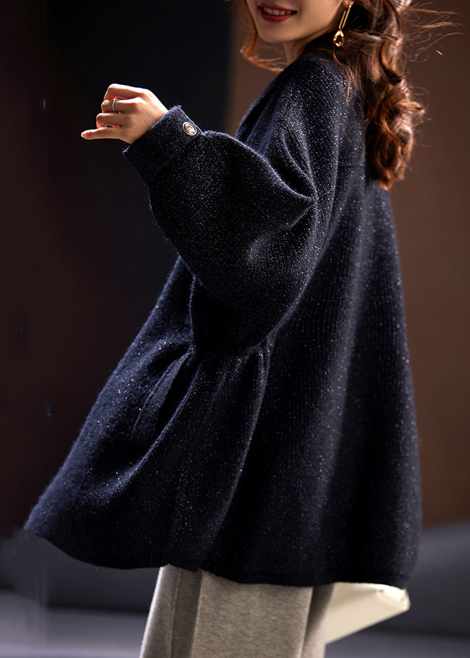 WW | Black Peter Pan Collar Button Pocket Knit Coats Long Sleeves