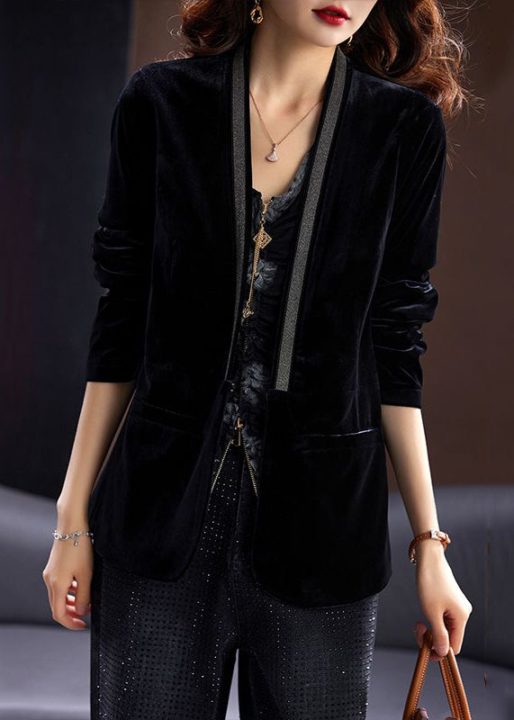 WW | Black V-Neck Nail Bead Pocket Long Sleeve Silk Velvet Coats