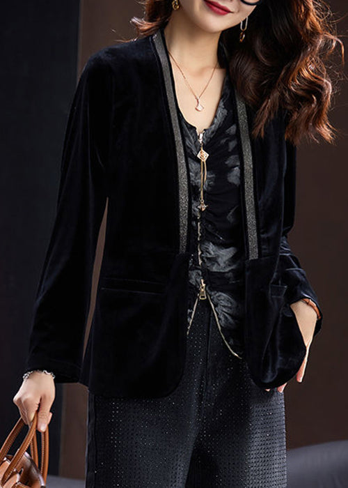 WW | Black V-Neck Nail Bead Pocket Long Sleeve Silk Velvet Coats