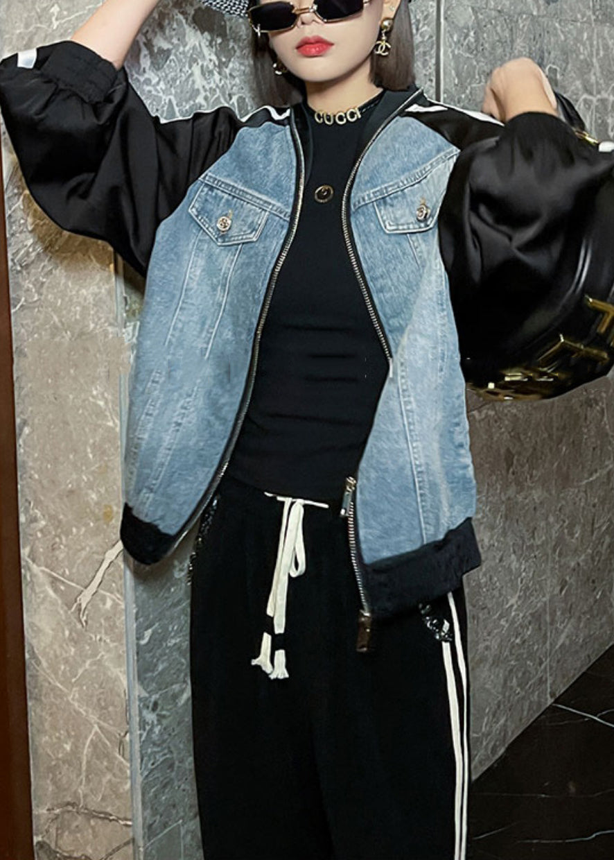 WW | Blue Zipper Denim Patchwork Coats Long Sleeves