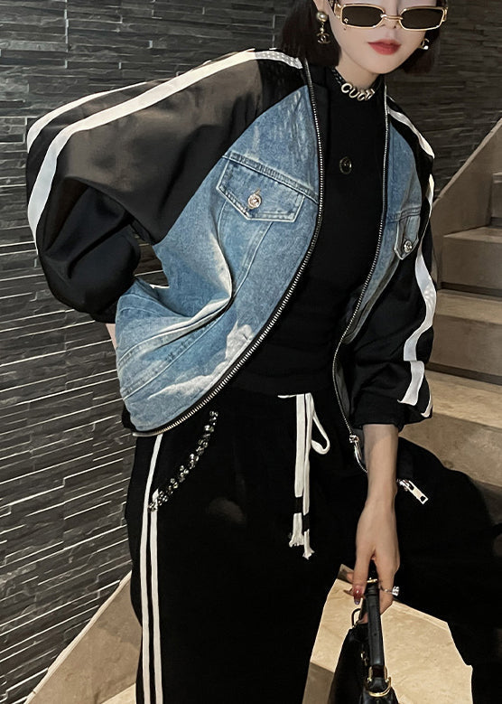WW | Blue Zipper Denim Patchwork Coats Long Sleeves