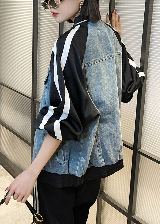 WW | Blue Zipper Denim Patchwork Coats Long Sleeves
