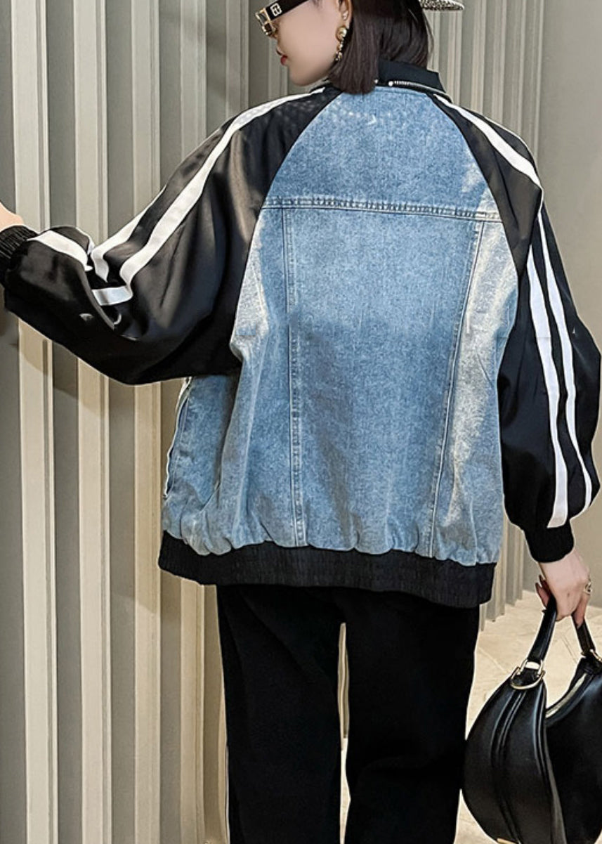 WW | Blaue Reißverschluss Denim Patchwork Mäntel Lange Ärmel