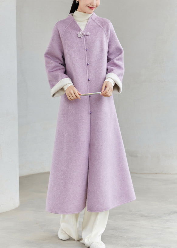 WW | Chinesischer Stil Lila V-Ausschnitt Knopf Patchwork Lockere Wollmäntel Winter