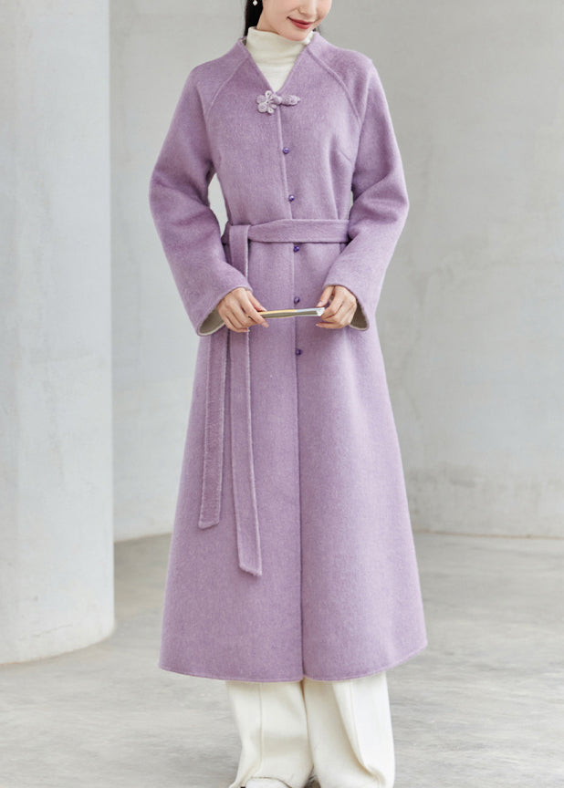 WW | Chinesischer Stil Lila V-Ausschnitt Knopf Patchwork Lockere Wollmäntel Winter