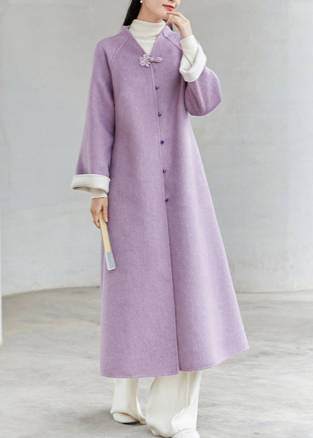 WW | Chinesischer Stil Lila V-Ausschnitt Knopf Patchwork Lockere Wollmäntel Winter