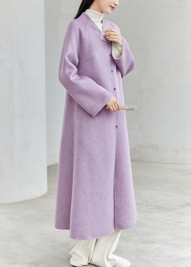 WW | Chinesischer Stil Lila V-Ausschnitt Knopf Patchwork Lockere Wollmäntel Winter