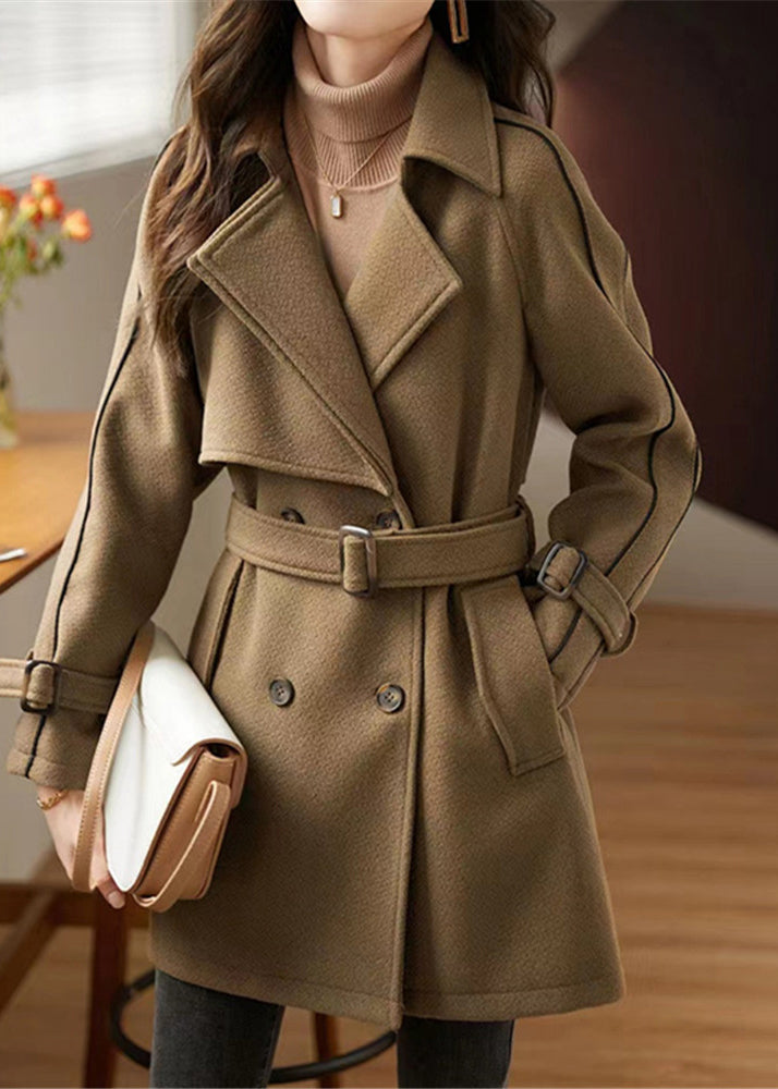 WW | Coffee Button Tie Waist Patchwork Wool Coats