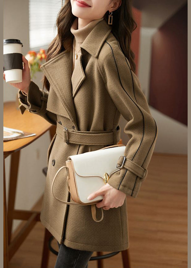 WW | Coffee Button Tie Waist Patchwork Wool Coats