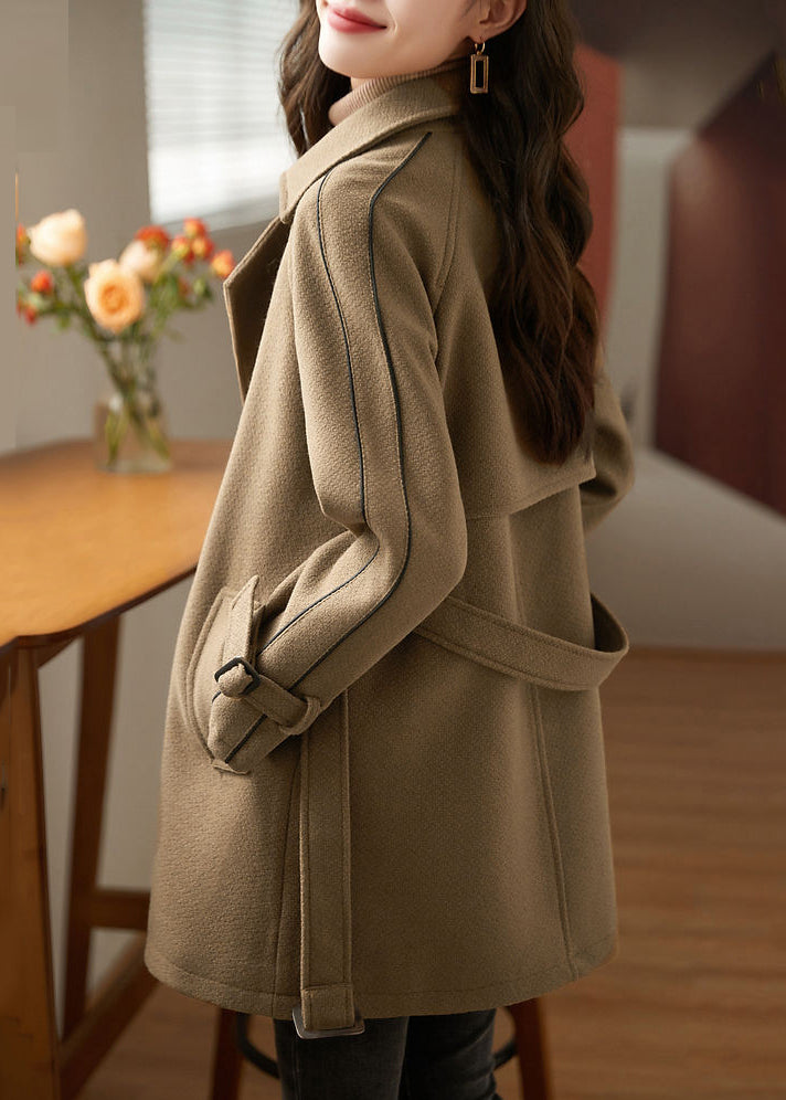 WW | Coffee Button Tie Waist Patchwork Wool Coats