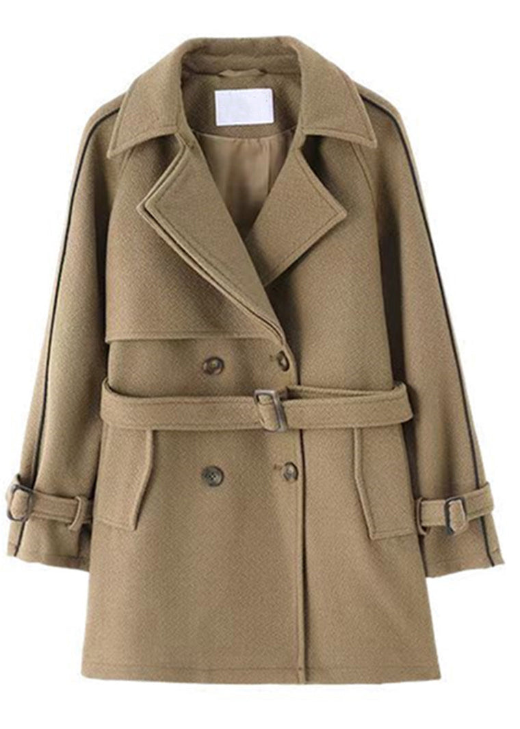 WW | Coffee Button Tie Waist Patchwork Wool Coats