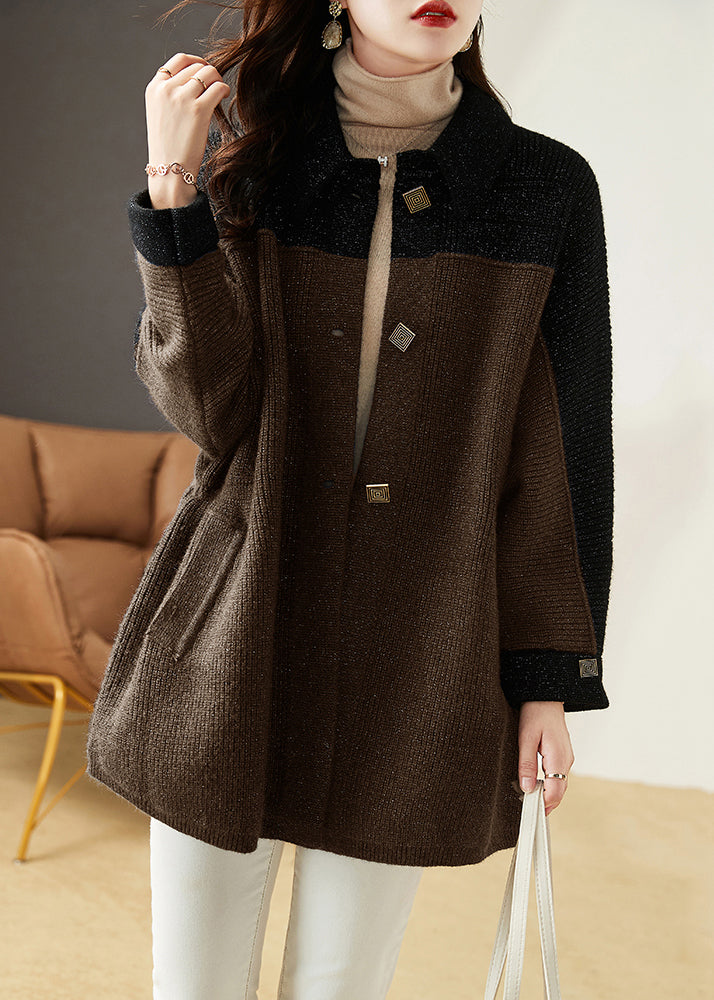 WW | Gray Blue Button Pockets Patchwork Knit Coats Long Sleeves