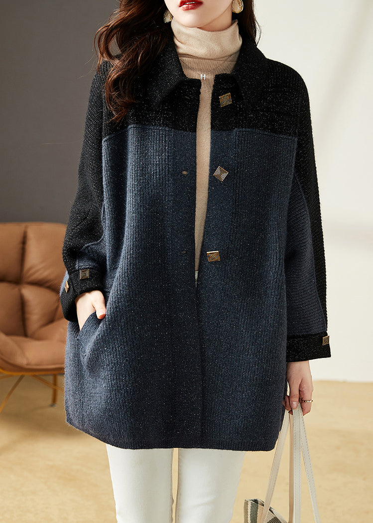 WW | Gray Blue Button Pockets Patchwork Knit Coats Long Sleeves